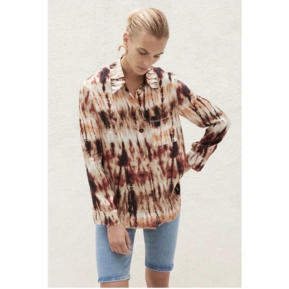 Nanushka Celes Tie Dye Button Down Shirt Brown Orange Black Long Sleeve size M